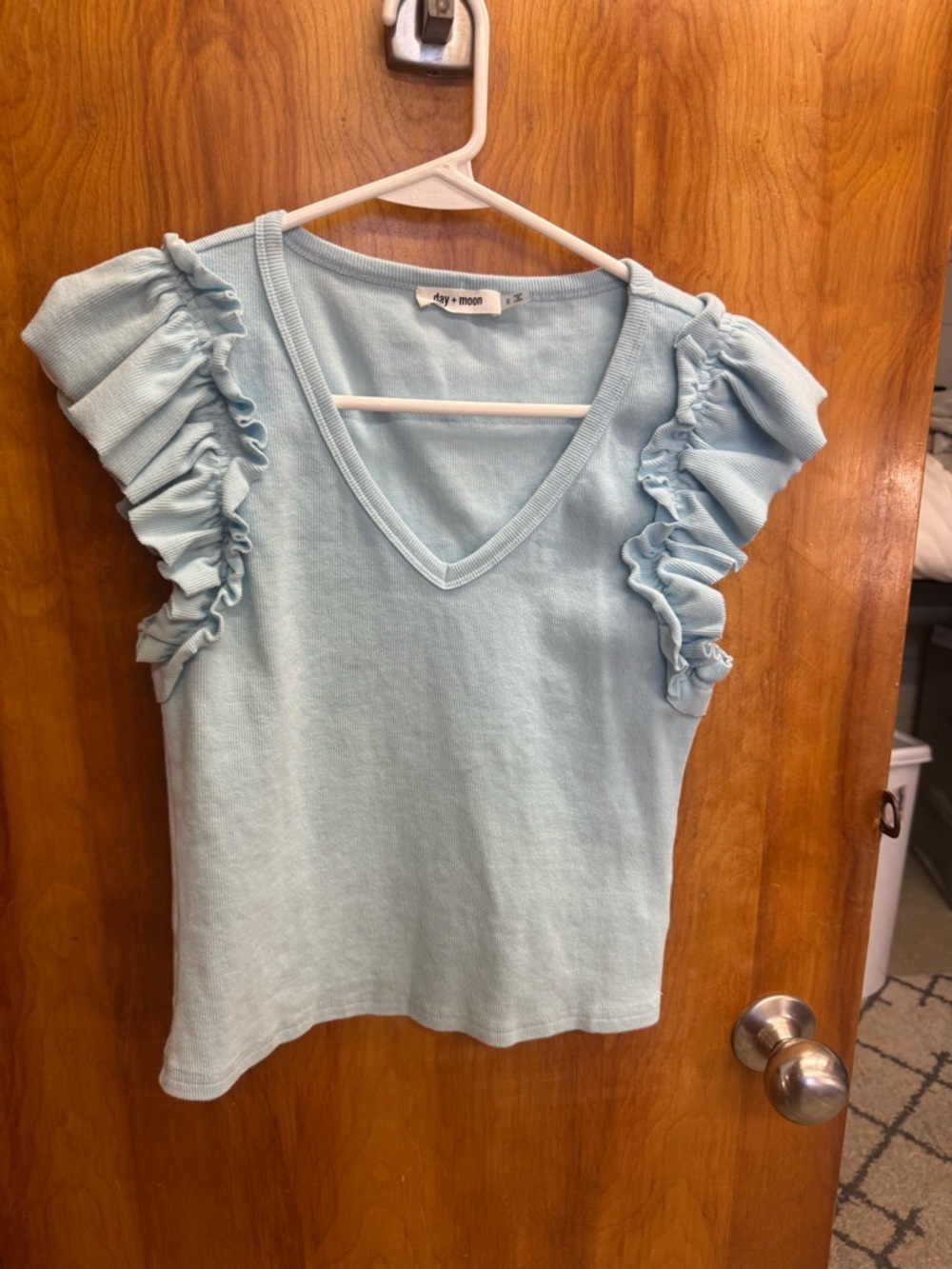Sky Blue Ruffle Sleeve V-Neck Tank Top by day + moon